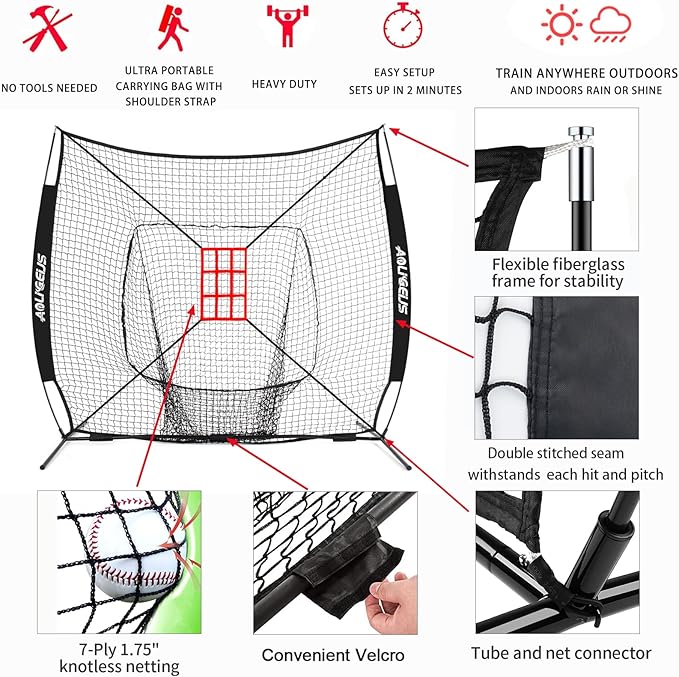 7'X7' Baseball Softball Practice Net,Pitching Net,Batting Net,with Baseball Tee,Bonus Strike Zone and Bow Frame,for Hitting,Pitching, Catching