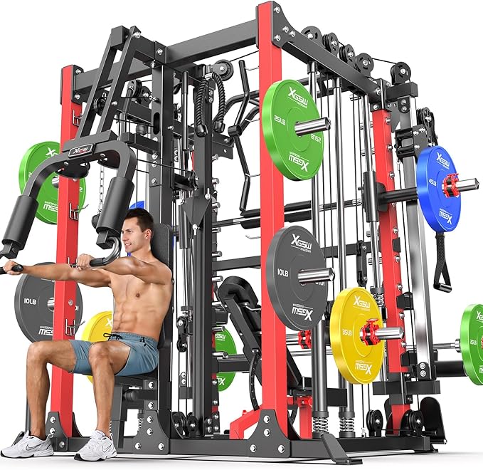Smith Machine Power Rack Multifunctional Power Cage Deep Squat Rack Cable Crossover System Selectable More Training Attachment for Garage & Home Gym