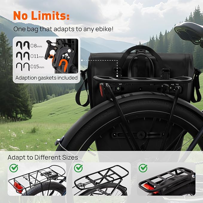 Bike Pannier Bag 27L Waterproof Bicycle Rear Rack Bag, Large Capacity Expandable Cargo Rack Bag with Reflective Strips, Adjustable Buckles for Cycling Traveling Commuting