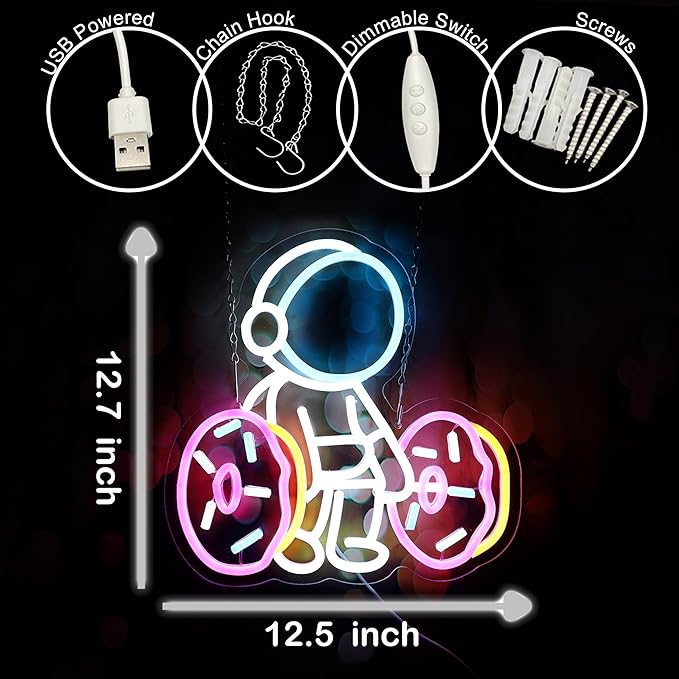 Astronaut Lifting Donut Neon Sign Astronaut Donut Neon Light Astronaut Light Sign Dimmable Bakery LED Neon Light for Club Decor Man Cave Game Room Bar Pub 12.5"×12.7"