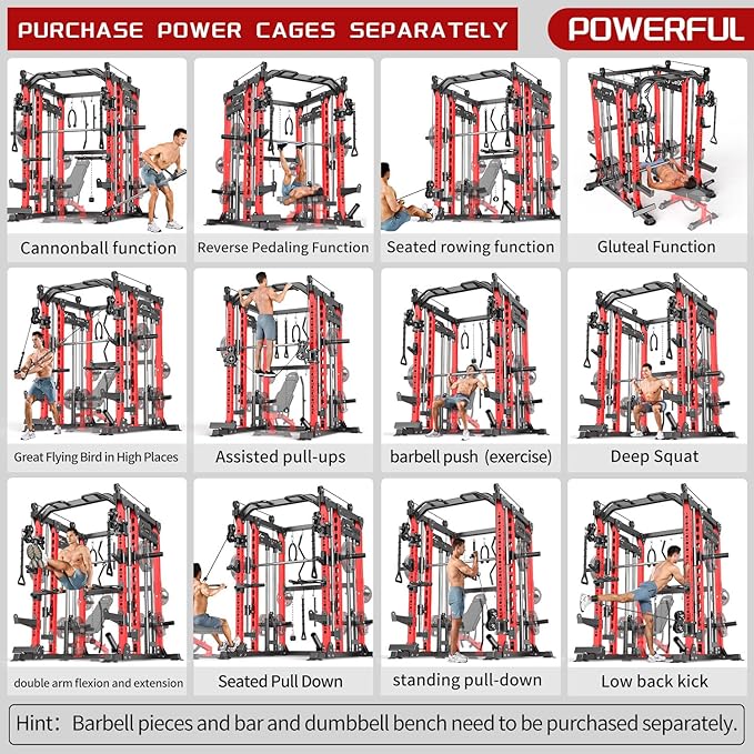 Smith Machine with Cable Crossover System, Multi-Function Power Cage Squat Rack for Home Gym, Power Rack and Packages Weight Sets.