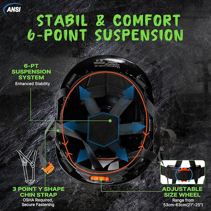 AOLAMEGS Construction Safety Hard Hat - ANSI Z89.1 Type Ι OSHA Approved Safety Helmets with Chin Straps Lightweight Reflective Vented ABS Hard Hats For Men Women Industrial Workwear 6-point Suspension