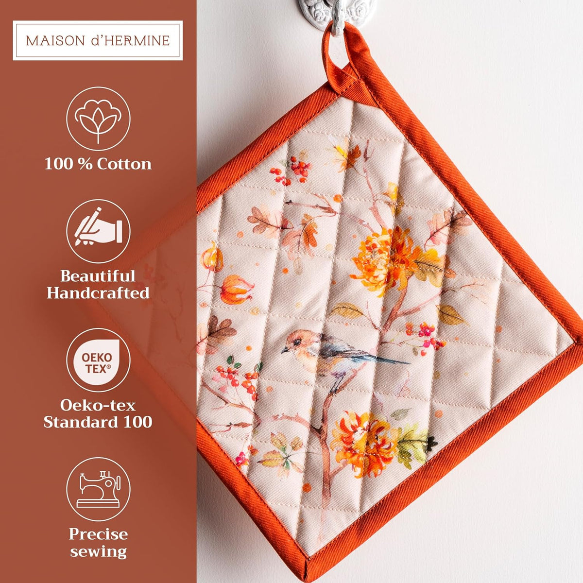 Maison d' Hermine Pot Holders 100% Cotton Heat Resistant Potholders 8" x 8" Hot Pads with Loop BBQ, Cooking, Baking, Grilling, Kitchen, Handling Hot Pans (Pack of 1, Kelim - Prairie)