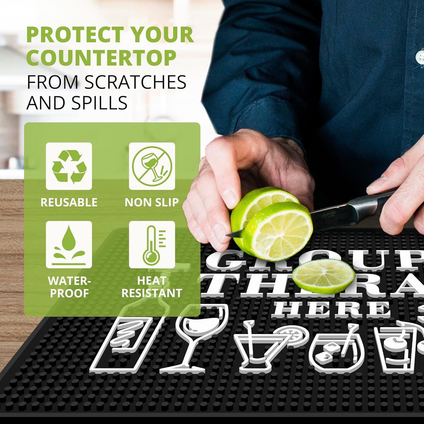 Group Therapy Bar Mat for Countertop - Ideal for Bartending & Home Bar Spill-Proof, Durable, Non-Slip Rubber Mat - Large Size 18"x12" - Bar Mats for Home Bar - Thick Rubber Mat