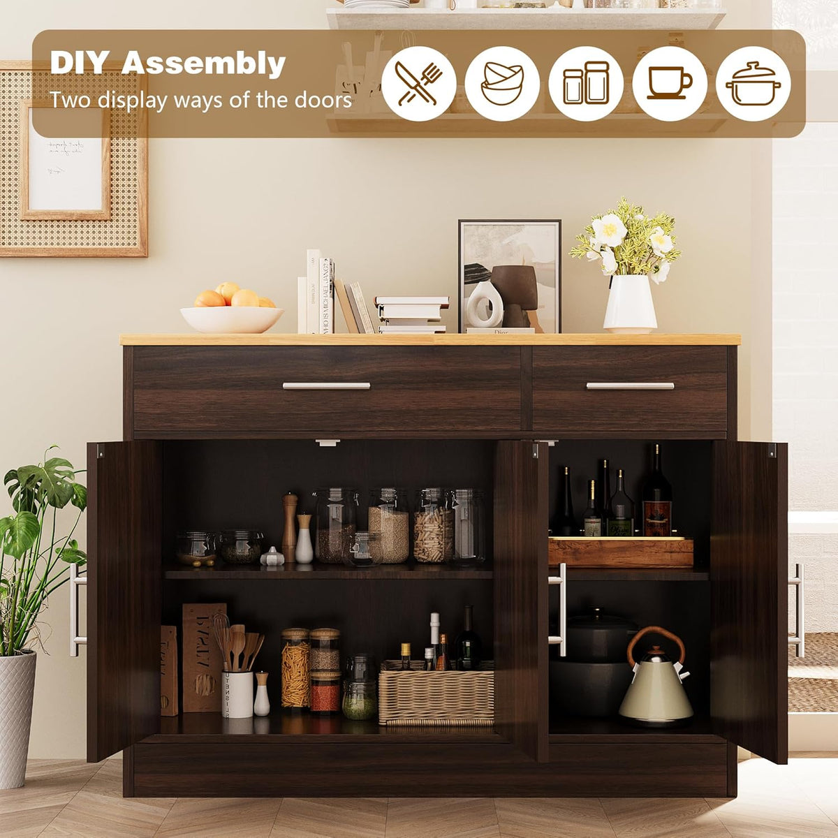 Vongrasig Sideboard Buffet Cabinet with Storage, 43” Farmhouse Coffee Bar Storage Cabinet with Drawers and Shelves, Modern Buffet Table for Kitchen, Dining Room, Rustic Brown