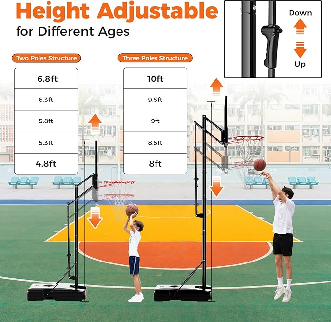Basketball Hoop 44 Inch Backboard Protable Basketball Hoop Outdoor, 4.8-10ft Height Adjustable Basketball Goal System for Kids Youth Adults Play in Backyard/Courts/Indoor
