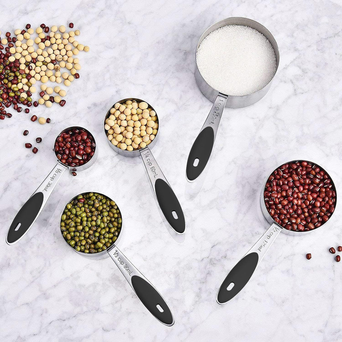 Measuring Cups & Spoons Set of 16, Wildone Stainless Steel Measuring Cups and Measuring Spoons with Black Silicone Handle, Including 8 Nesting Cups, 8 Spoons, for Dry and Liquid Ingredient
