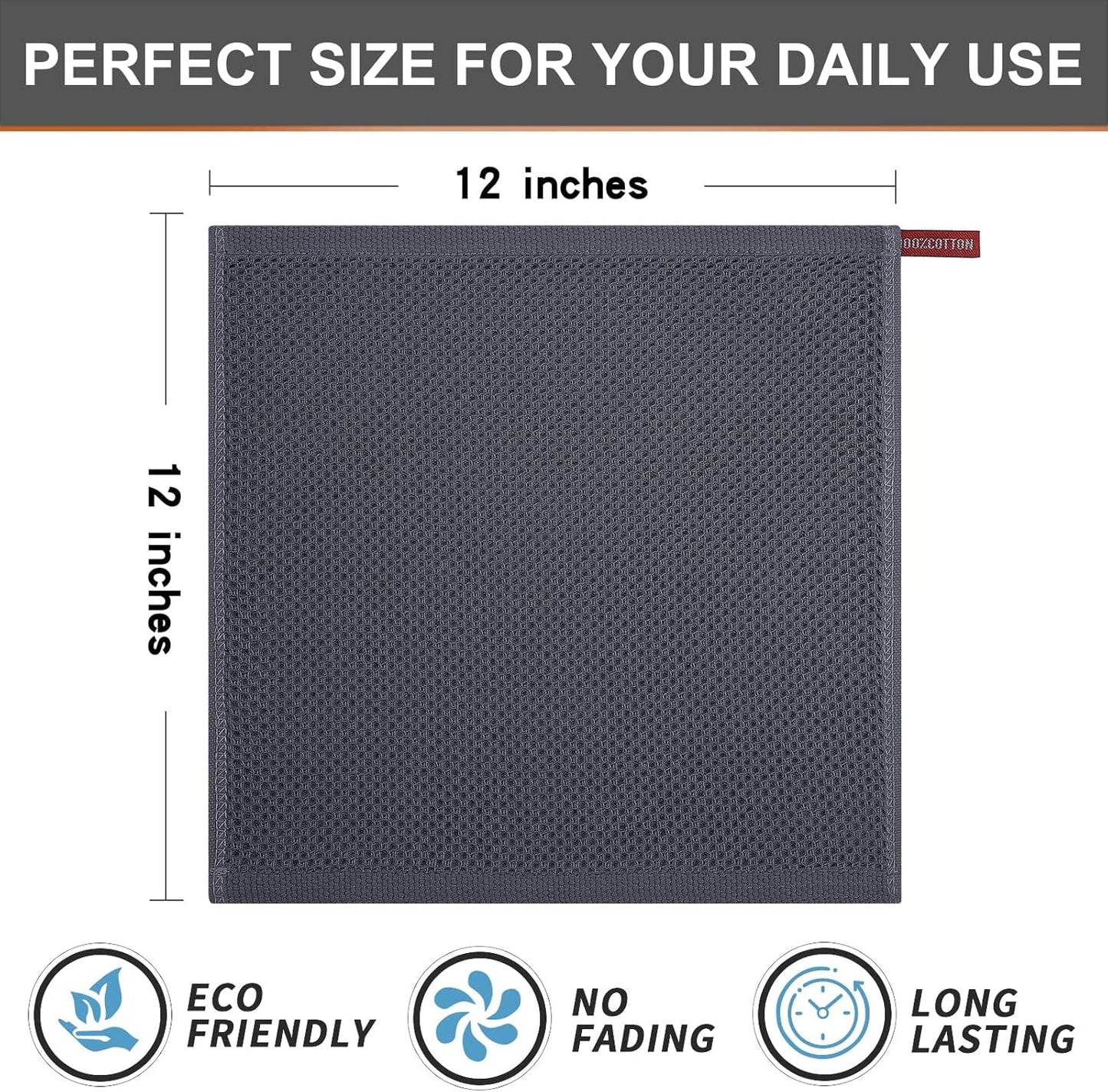 Kitinjoy 100% Cotton Kitchen Dish Cloths, 8 Pack Waffle Weave Ultra Soft Absorbent Dish Towels for Drying Dishes Quick Drying Kitchen Towels Dish Rags, 12 X 12Inch, Dark Grey