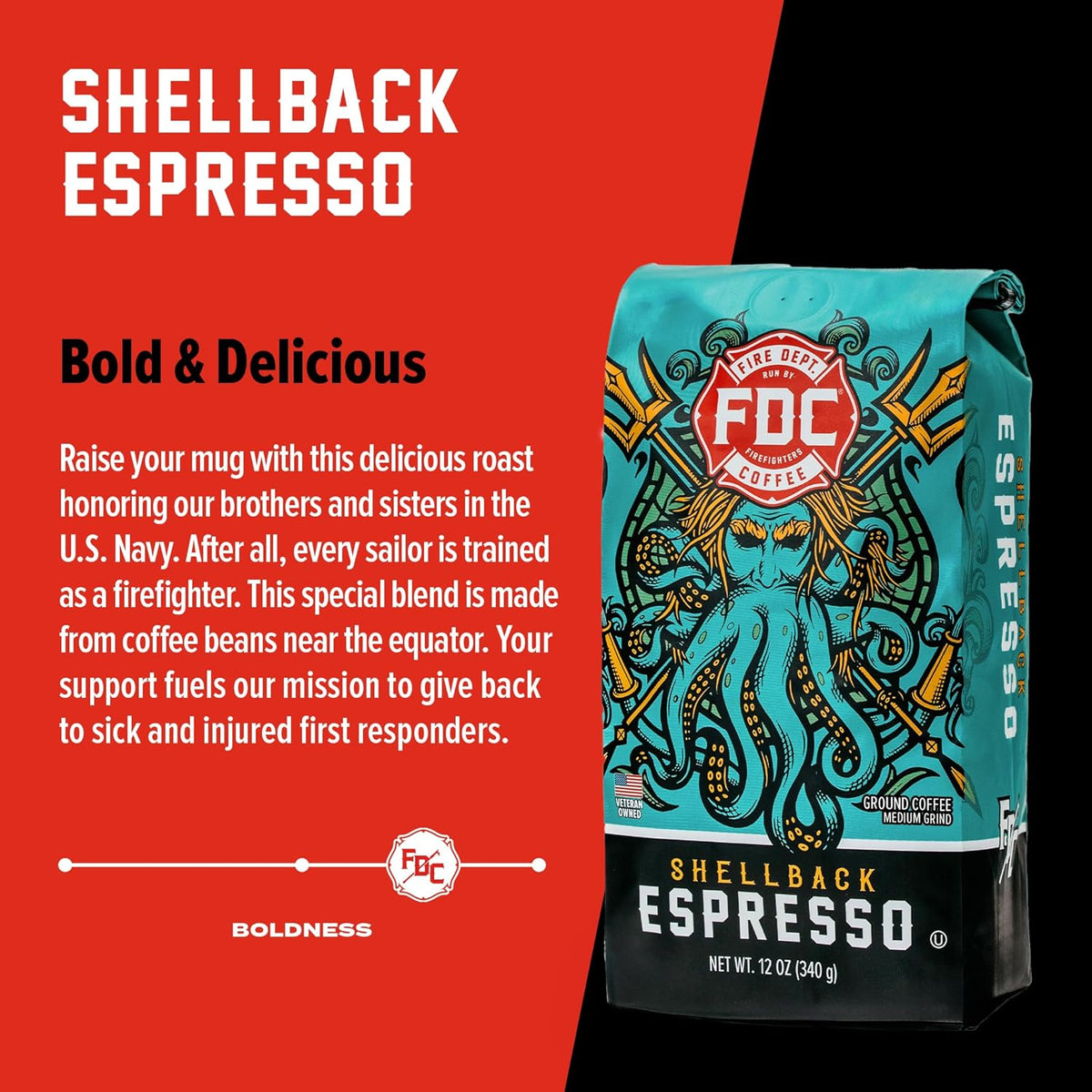 Fire Department Coffee - Gives Back to Firefighters - Bold & Smooth Shellback Espresso Ground Coffee - Roasted in the USA - Veteran Owned - 12 oz