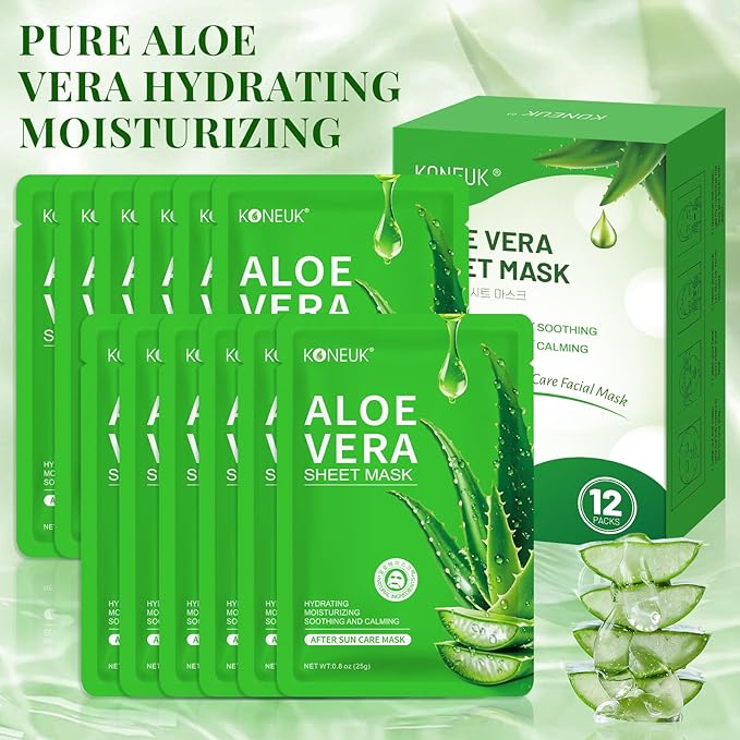 12 Pack Aloe Vera Face Masks Skincare, Sheet Aloe Hydrating Face Mask for Sunburn Relief and After Sun Care, Bulk Aloe Vera Face Mask for Spa Party Gifts
