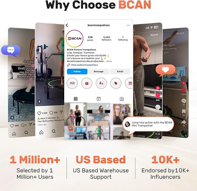 BCAN 40/48" Foldable Mini Trampoline Max Load 330lbs/440lbs, Fitness Rebounder with Adjustable Foam Handle, Exercise Trampoline for Adults Indoor/Garden Workout