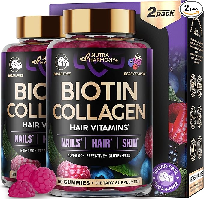 Biotin Gummies with Collagen - Hair Growth Support Skin, & Nail Strength - for Women & Men - Biotin 10000mcg | Keratin | Hyaluronic Acid | B-Complex | Saw Palmetto - Sugar-Free, Mixed Berry, Pack of 2