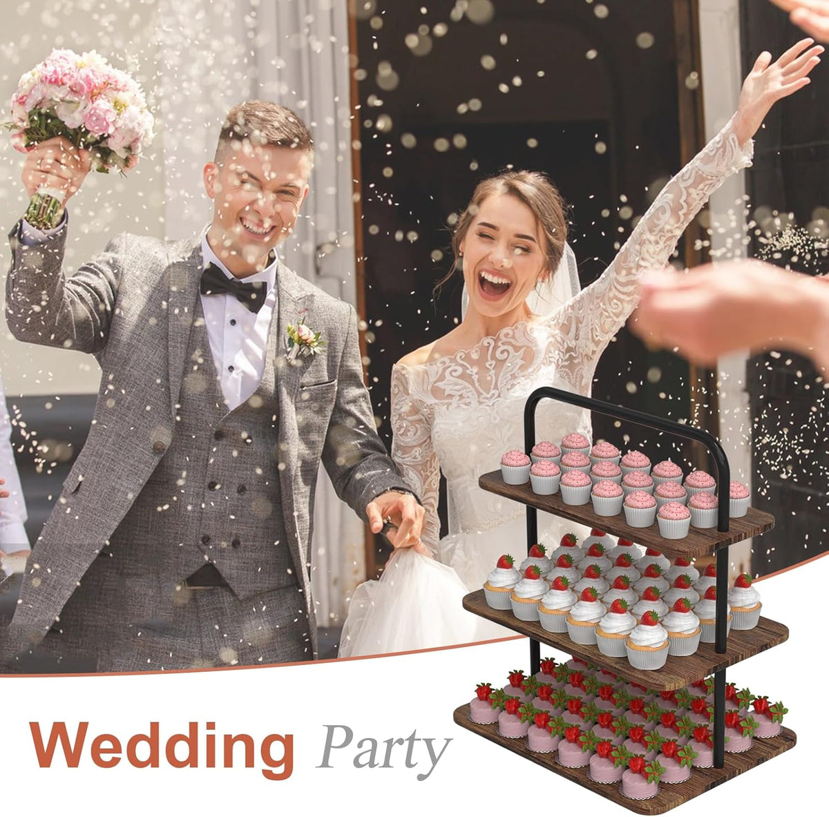 Cupcake Stand, 3-Tier Dessert Stand for 68 Cupcakes, Wood & Metal Tower Display Premium Holder Dessert Tree Tower for Wedding Graduation Birthday Christmas Party, Serving Tray