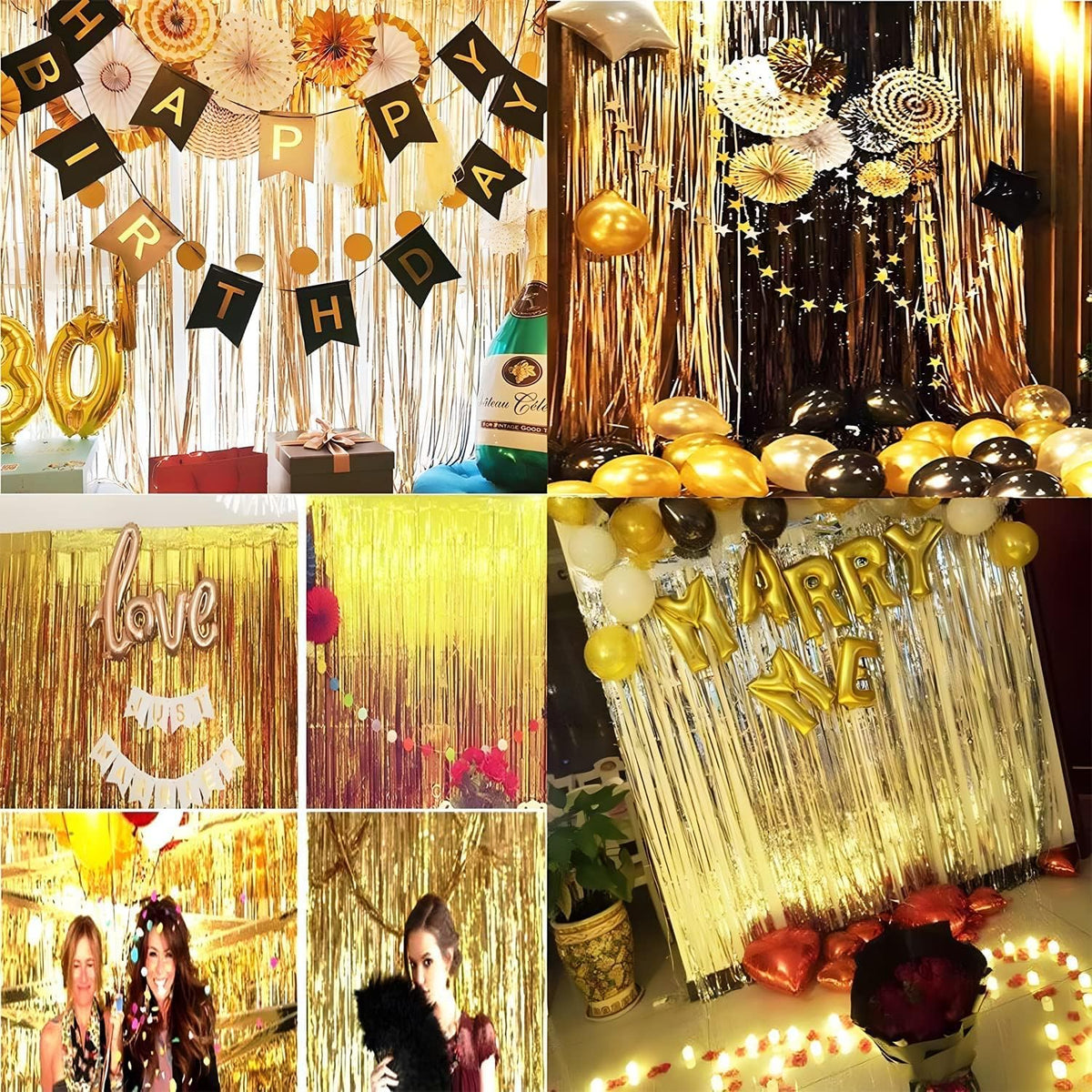 BRAVESHINE Black Gold Foil Fringe Curtain Backdrop - 2 Pack 3.2 x 8.2 ft Metallic Tinsel Photo Booth Streamers Curtains for 50th Birthdays Christmas New Years Anniversary Graduates Party Decorations