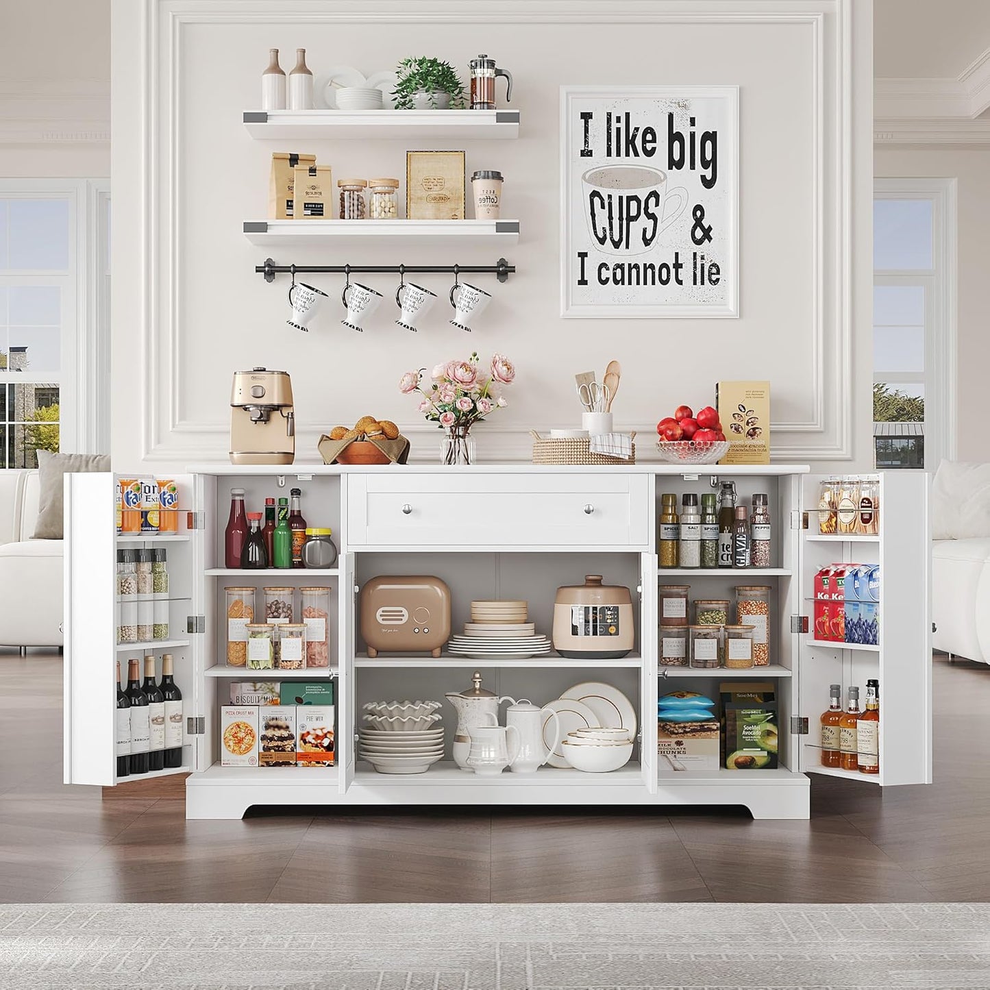 HITHOS 54" Buffet Cabinet with Storage, Modern Kitchen Buffet Sideboard with Drawer, Wood Coffee Bar Station with Adjustable Shelves, Kitchen Storage Cabinet for Living Room, White