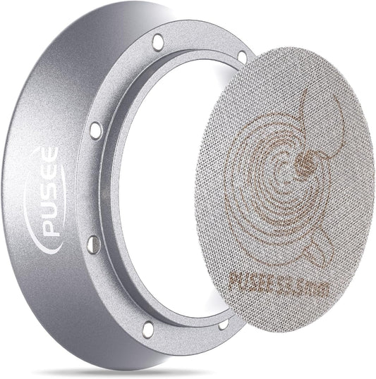 58mm Espresso Dosing Funnel & 58.5mm Puck Screen,PUSEE Coffee Dosing Ring Aluminum Metal,Reusable 1.7mm Thickness 150μm Espresso Puck Screen 316 Stainless Steel Fits 58mm Portafilter
