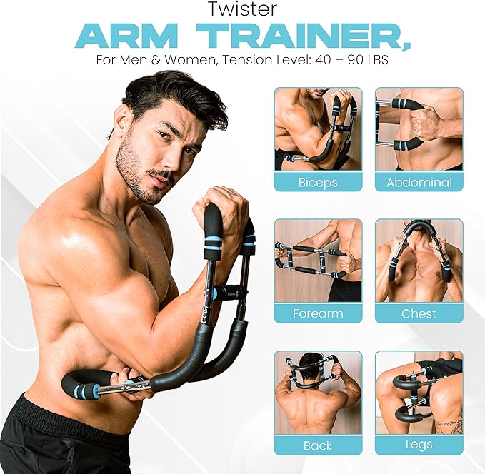 Adjustable Twister Arm Trainer for Men & Women – Twister Arm Chest Exerciser Portable Spring Resistance Home Workout Equipment with 4 Spring, Anti-Slip Handles for Easy Grip & Carry Bag