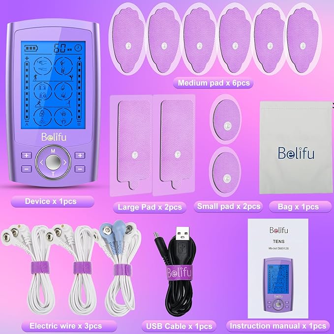 Belfiu TENS & PMS 24 Modes Muscle Stimulator for Pain Relief Therapy, Electronic Pulse Massager Muscle Massager with 10 Pads, Dust-Proof Drawstring Storage Bag, Fastening Cable Ties