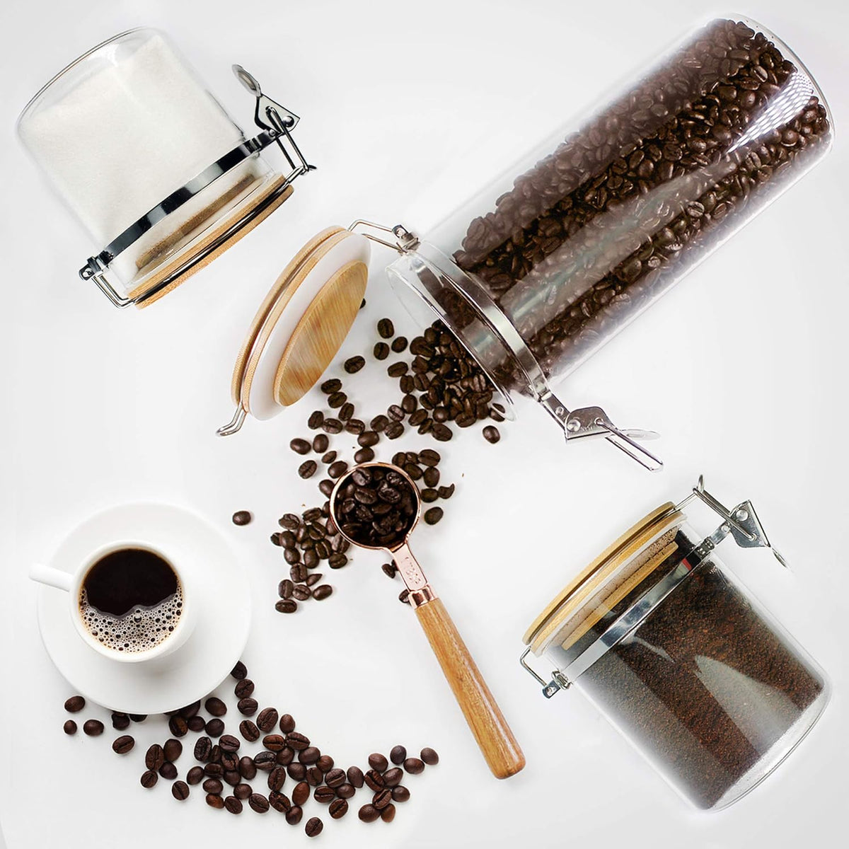 Urban Green Borosilicate Glass Storage Jars with Airtight Locking Clamp Lids, Airtight Canister Set，Coffee Set of 3 with Spoon (50oz, 24oz, 18oz), Storage Containers with Bamboo Lid