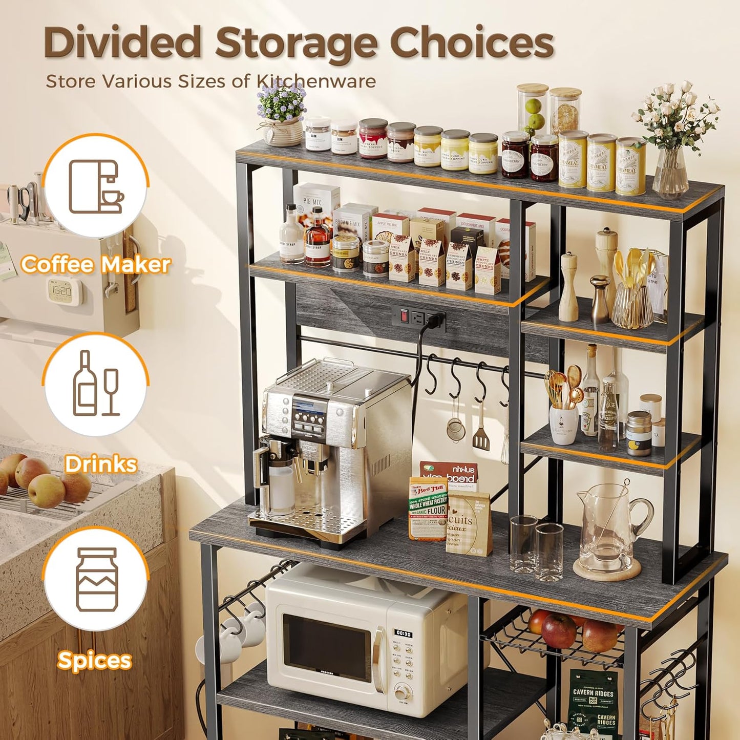 SUPERJARE Large Bakers Rack with Power Outlets, 6-Tier Microwave Stand, Coffee Bar with 12 S-Shaped Hooks, Kitchen Shelf with Wire Basket, 39.3 x 15.5 x 66.9 Inches, Charcoal Gray