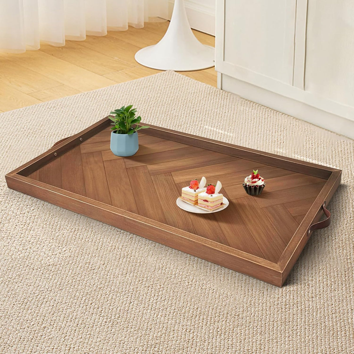 Tray for Ottoman 32 x 18 Inches, Rectangular Ottoman Trays, Extra Large Wooden Tray with Leather Handles, Food Serving Trays for Dinner, Breakfast, Snacks