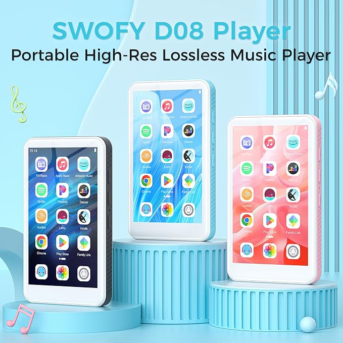 160GB MP3 Player with Bluetooth and WiFi, SWOFY D08 Android 13 OS MP3 & MP4 Players with 4" Touchscreen and HD Speaker,Music Players with Spotify,Pandora, Audible, Amazon Music, Play Store, FM Radio