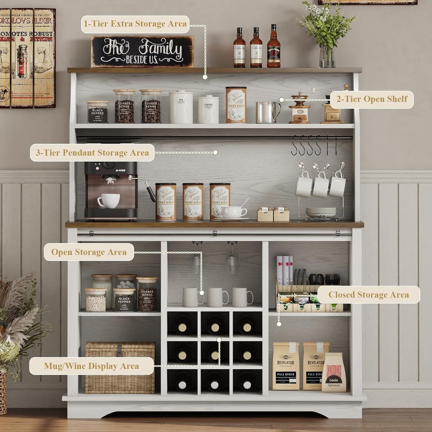 47 Inch Farmhouse Coffee Bar Cabinet with 3-Tier Storage, Kitchen Hutch with 9 Wine Racks & 3 Glass Holders, Coffee Bar with 6 Hooks, Wine Bar Cabinet for Dining Living Room, White