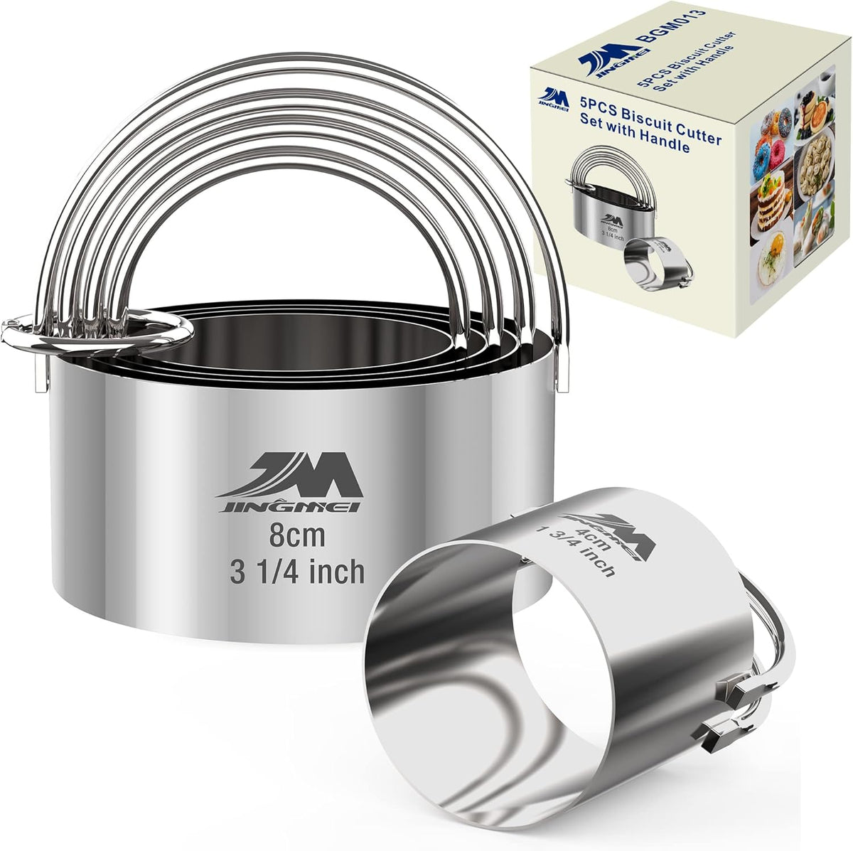 5 Pieces Circle Biscuit Cutter,Professional Stainless Steel Round Cookies Mold Tool with Handle for Baking GIFT Package