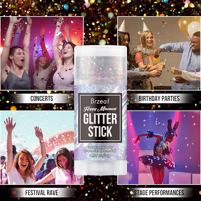 Brzeaf Waterproof Mermaid Glitter Stick, Shimmery& Long Lasting, Hair Eyeshadow Face Body Glitter, Singer Concert Music Rave Festival, Glitter Stick Makeup & Face Glitter Gel for Women Men 0.56 Oz