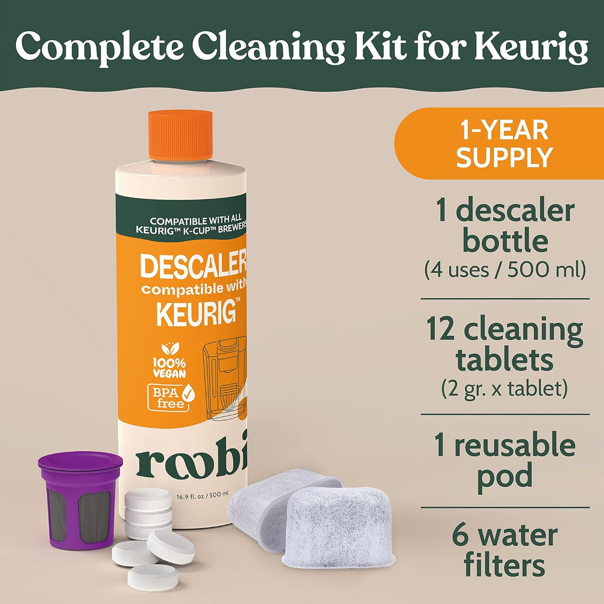 Keurig Compatible Descaling Solution & Cleaning Kit. Includes 1 Bottle of Keurig Descaler, 12 Cleaning Tablets, 1 Reusable Pod and 6 Water Filters. Carbon Neutral. 1 Year Supply.