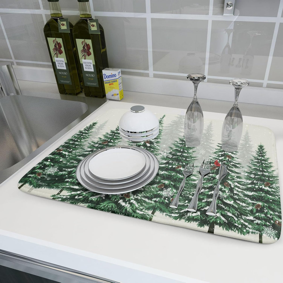 Winter Green Pine Tree Dish Drying Mat for Kitchen Counter,Red Bird Snowflake Drying Mat 18 x 24 Inch with High Absorbent Microfiber Drainer Mat for Coffee Bar