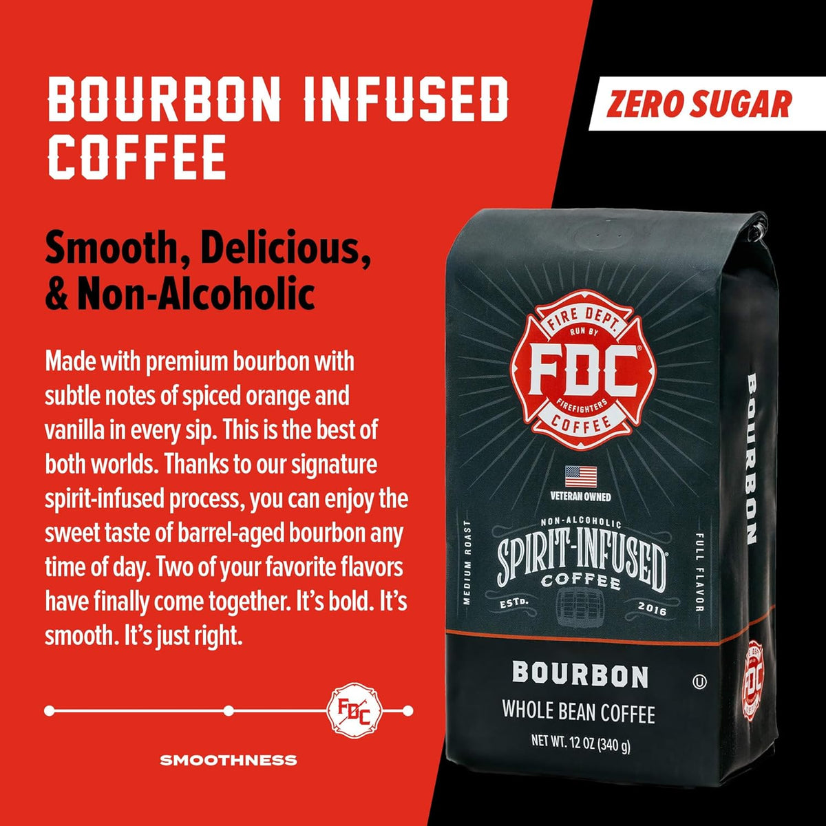 Fire Department Coffee - Bourbon Coffee - Gives Back to Firefighters - Premium Bourbon Infused Whole Beans - Medium Roast - Non-Alcoholic - Roasted in the USA - Veteran Owned - 12 oz
