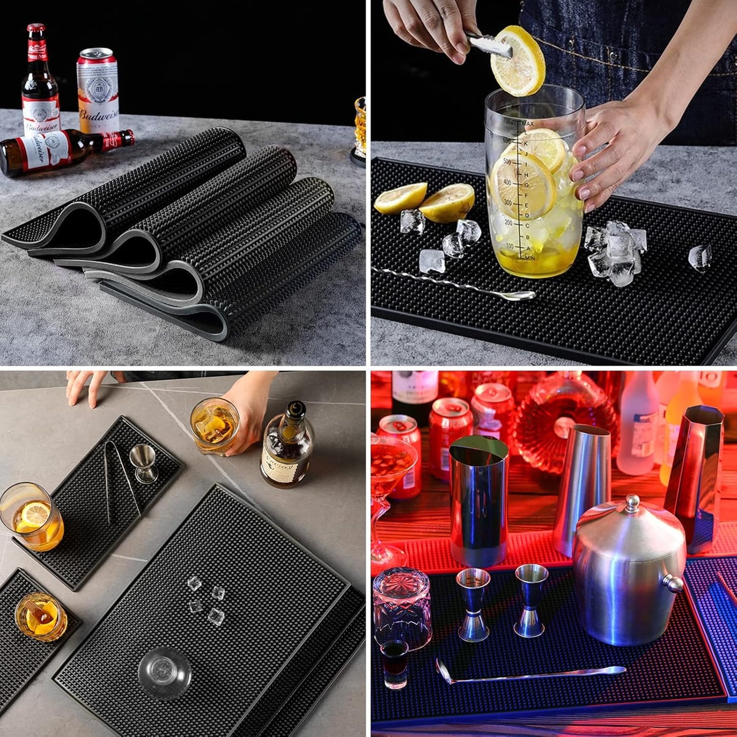Bar Mats 2PCS 6" x 12" Small Black, Countertop Coffee Mat for Home Bar, Service Spill Mat for Cocktail Bartender Kitchen, PVC Counter Top Cup Glasses Dish Drying Mat, 2Pac(Black)