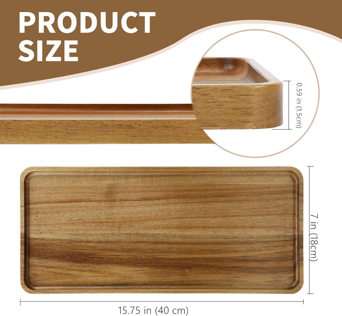 1 pcs 15.7" x 7" Large Solid Acacia Wood Serving Trays Rectangular Wooden Serving Platters Natural Wooden Boards for Bar Coffee Party