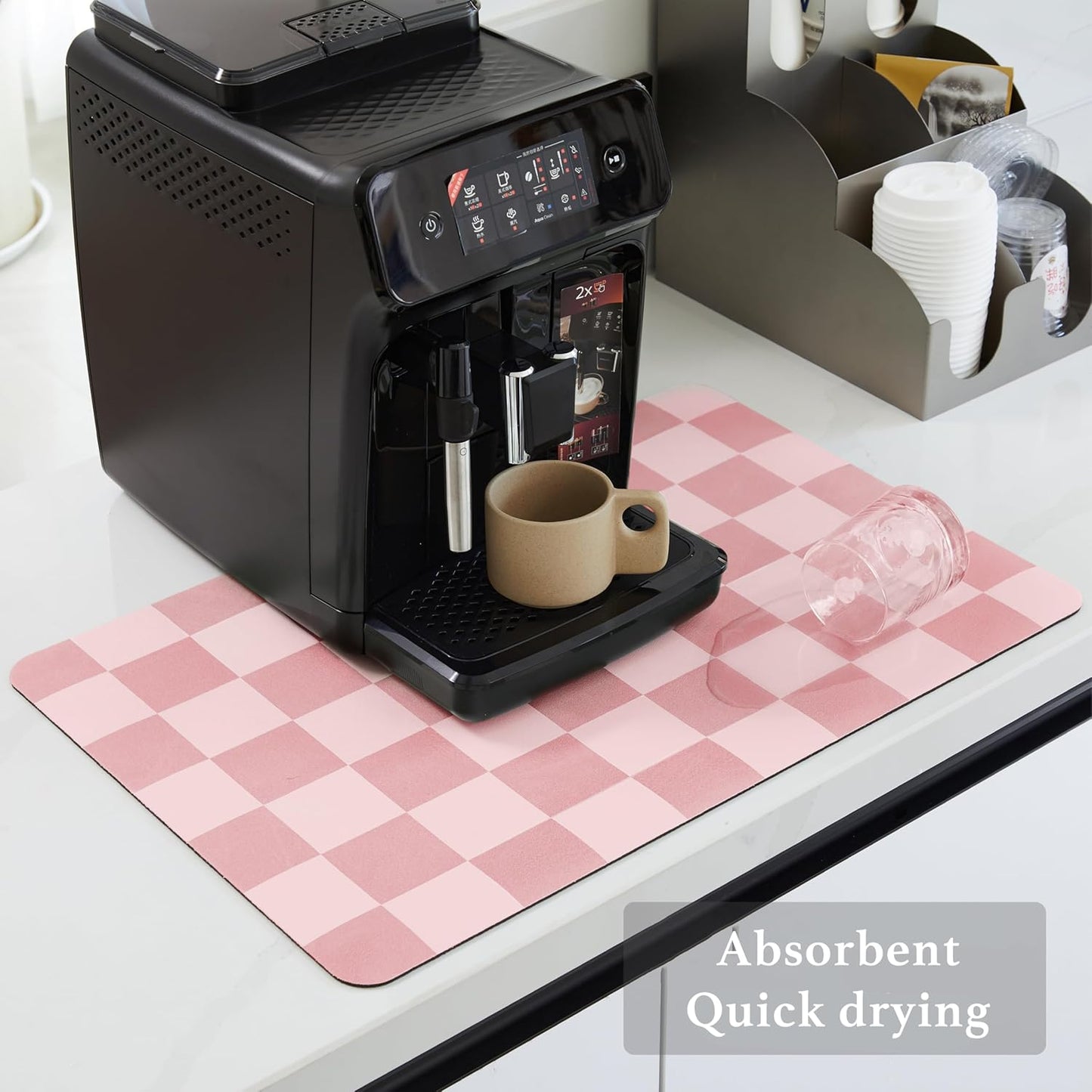 Checkered Dish Drying Mat for Kitchen Counter, Coffee Bar Station Accessories, Retro Cute Girly Pink Aesthetic Modern Absorbent Drainer Mat Kitchen Drying Mat Easy Clean, Coral 12" x 19"