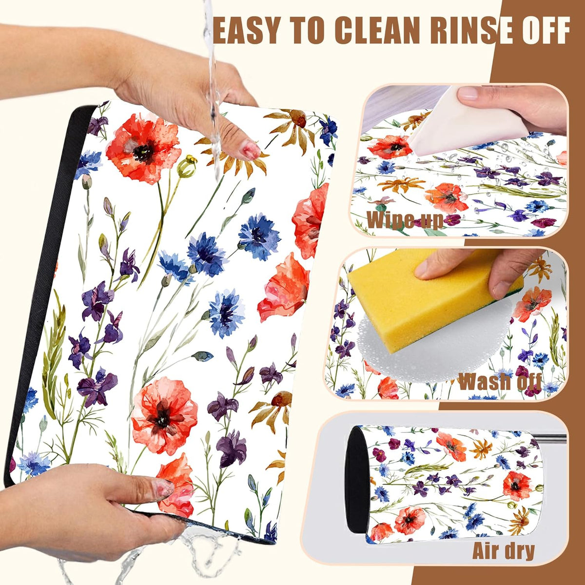 Watercolor Flowers Coffee Mat Daisy Dish Drying Mat for Kitchen Counter Absorbent Hide Stain Rubber Backed Coffee Bar Accessories Fit Under Espresso Machine Dish Drainer 11.8 x 19.7 Inch