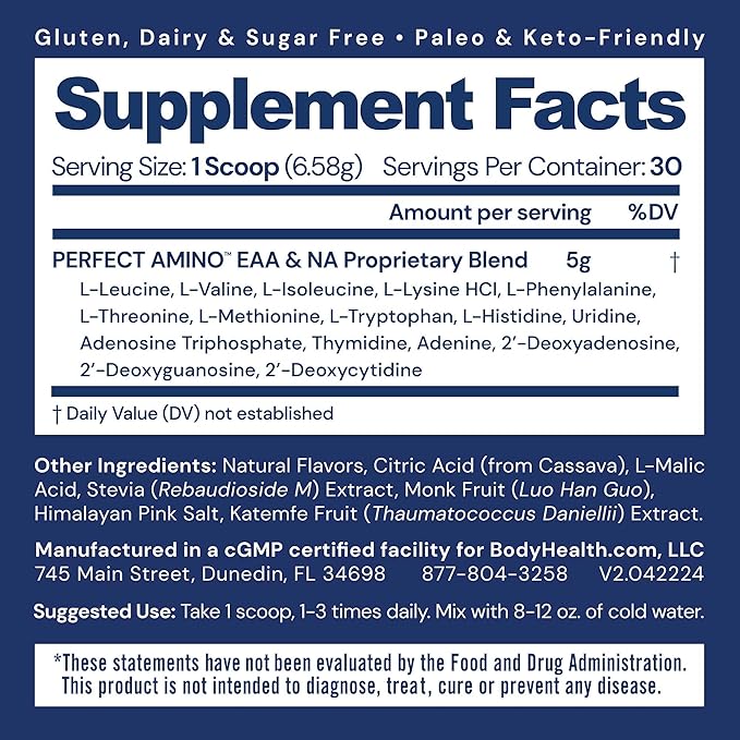 BodyHealth PerfectAmino Powder - BCAA and EAA Powder for Pre and Post Workout - Amino Acid Energy Drink for Men and Women to Support Lean Muscle and Recovery - Mixed Berry - 30 Servings