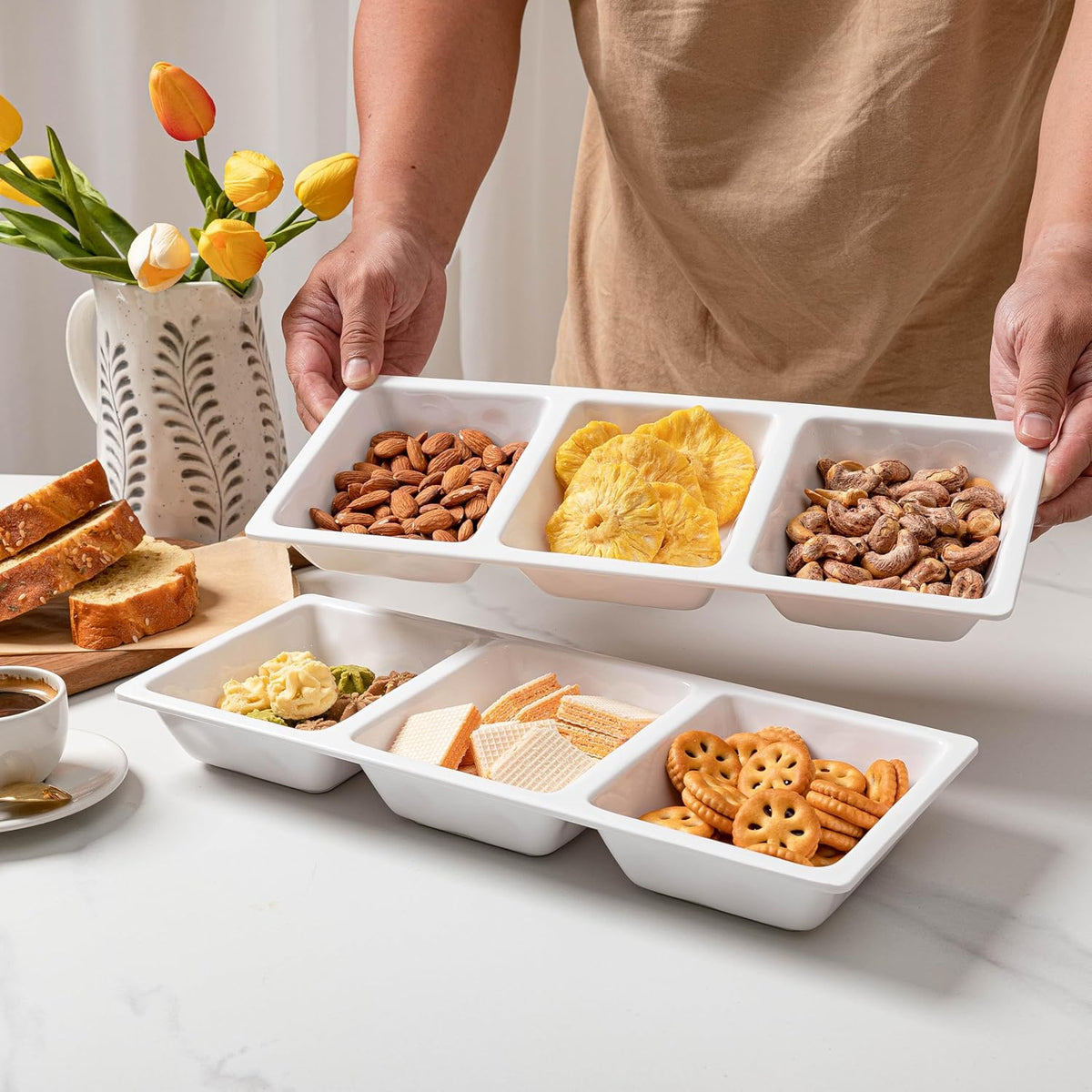 Divided Serving Tray, 14.75”x 6” Reusable 3-Section Party Platters, Condiment Serving Dishes for Entertaining, Ideal for Snacks, Appetizers, Fruit, Candy, Chip & Dip Set,White