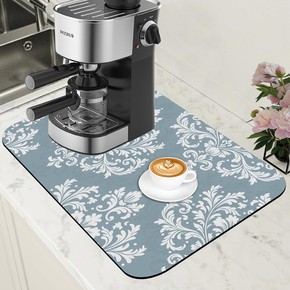 Dish Drying Mat Blue Damask Floral Coffee Bar Mat for Countertop Absorbent Rubber Backed Hide Stain Dish Drainer Rack Pad Coffee Maker Espresso Machine Dining Room Decoration 11.8 x 19.7 Inch