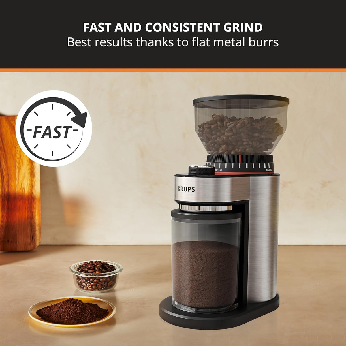 KRUPS Burr Coffee Grinder, 18 Adjustable Grind Settings, 2-20 Cups per Grind, Sinlge Touch, Spice and Coffee Bean Grinder, Stainless Steel, Black