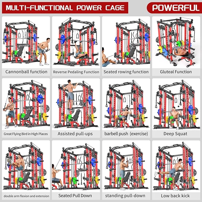 Smith Machine with Cable Crossover System, Multi-Function Power Cage Squat Rack for Home Gym, Power Rack and Packages Weight Sets.
