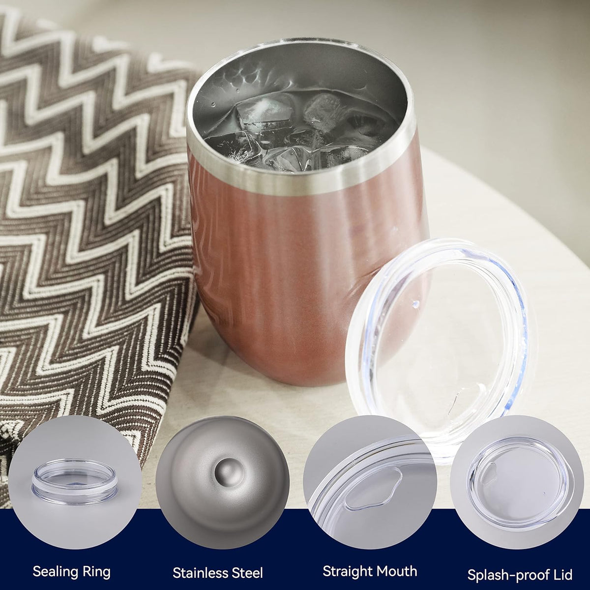 DOMICARE Stainless Steel Wine Tumbler Bulk with Lid, Personalized Rose Gold Insulated Tumblers Set, 12oz Travel Coffee Cups Pack of 1