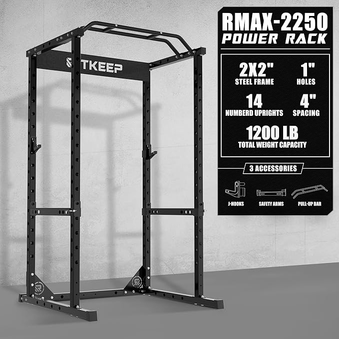 RitKeep Power Rack RMAX 2250 Multi-Function Power Cage for Strength Training - 1200lb Capacity Squat Rack with Multi-Grip Pull-Up Bar, Safety Bars, and J-Hook for Home Gym