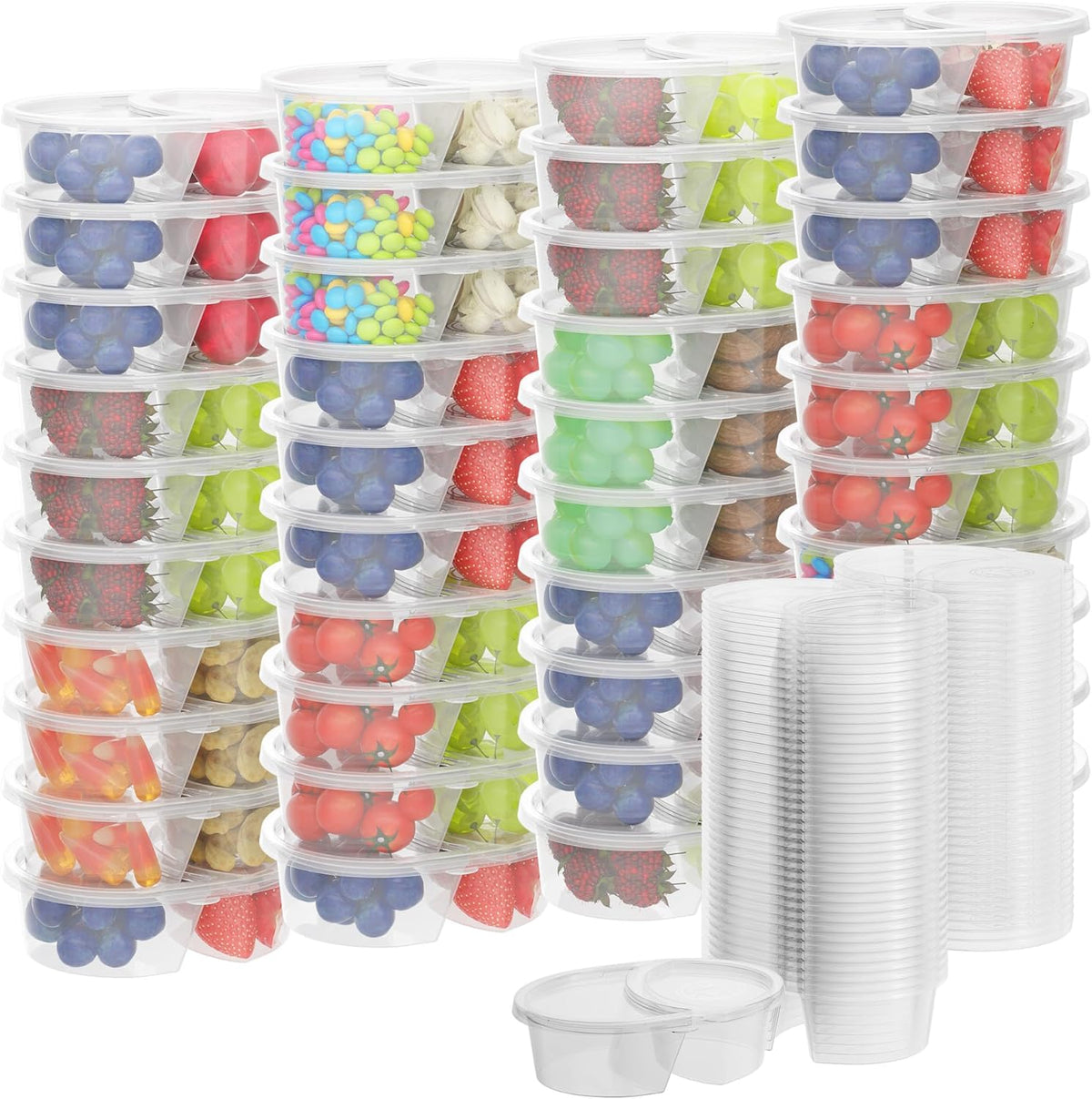 40pcs Reusable Snack Containers with Lids, 2 Compartment Snack Pack Containers for Fruits Candy Sauce Spices