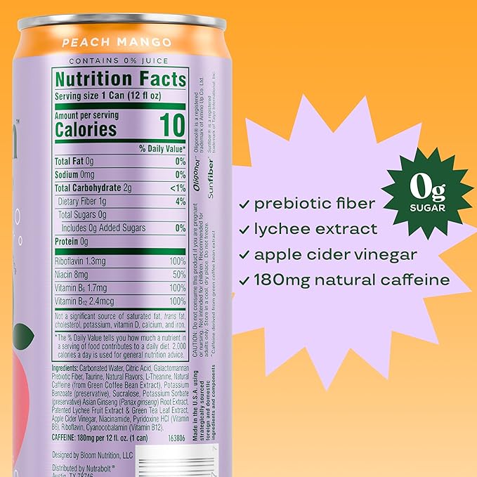 Bloom Nutrition Sparkling Energy Drink for Focus, Natural Caffeine, Zero Sugar, 180mg Caffeine, Antioxidant-Rich with Green Coffee Bean, Green Tea Extract, & Prebiotics, Peach Mango 12oz 24 Pack