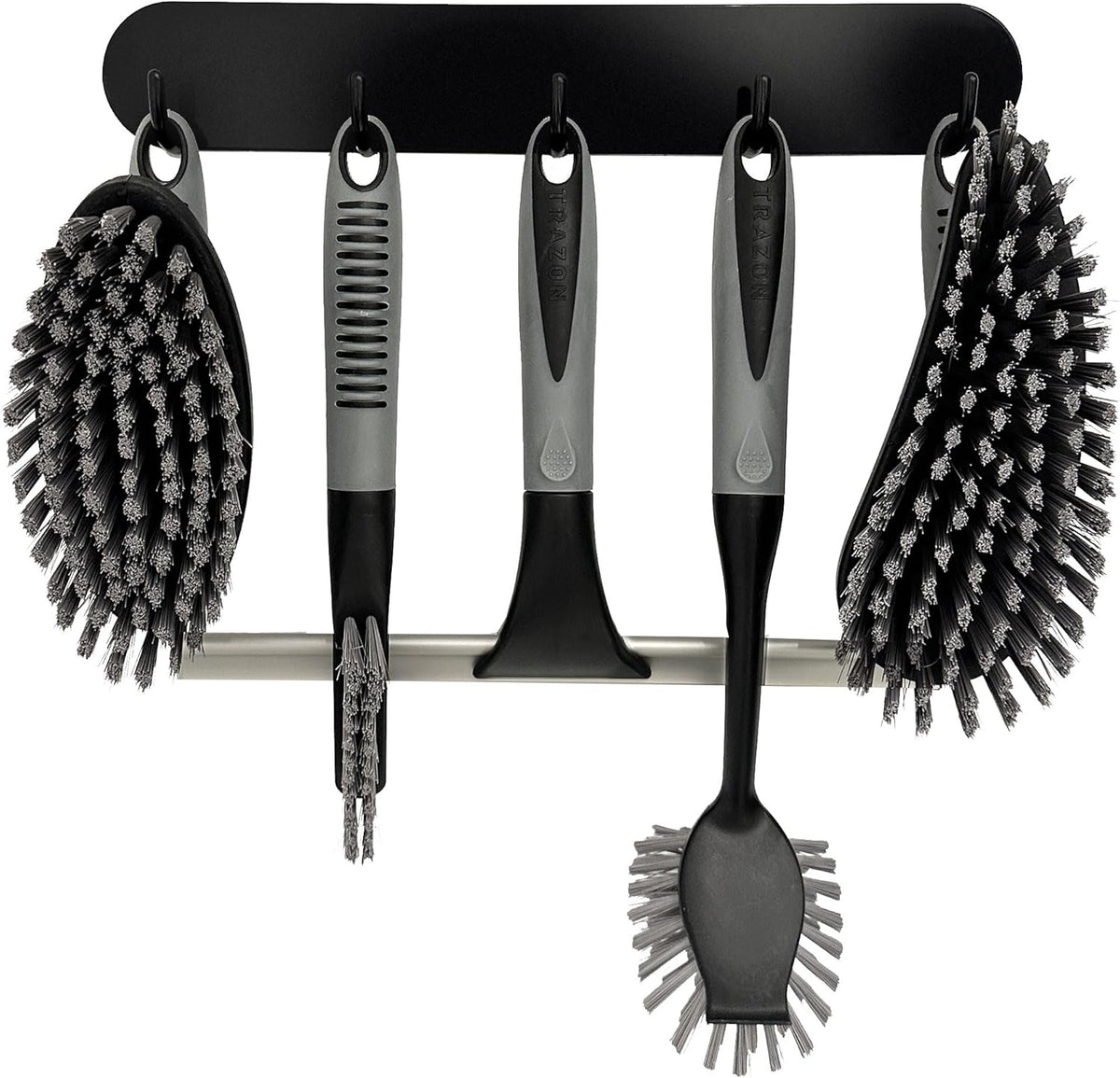 Scrub Brush Set of 6 pcs - Cleaning Shower Scrubbers with Squeegee for Shower Glass and Adhesive Wall Hooks Including Grout Cleaner Brush, Scrub Brushes for Cleaning Bathroom, Shower, Tile, Bathtub