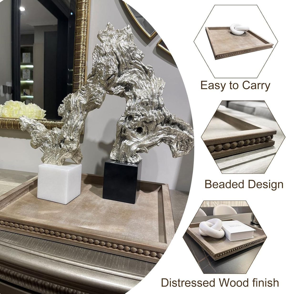 Wood Decorative Tray-Vitage Brown Washed Bead Tray for Coffee Table Wooden Serving Trays Ottoman Tray for Living Room Candle Holder Home Organizer Farmhouse Home Decor (Rectangular)