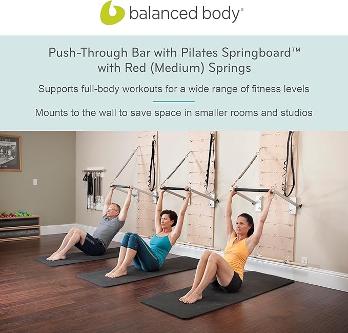 Balanced Body Pilates Springboard with Push-Through Bar, Wall Mounted Pilates Workout Equipment for Home Gym or Studio Use, Pilates Exercise Equipment with Resistance Springs