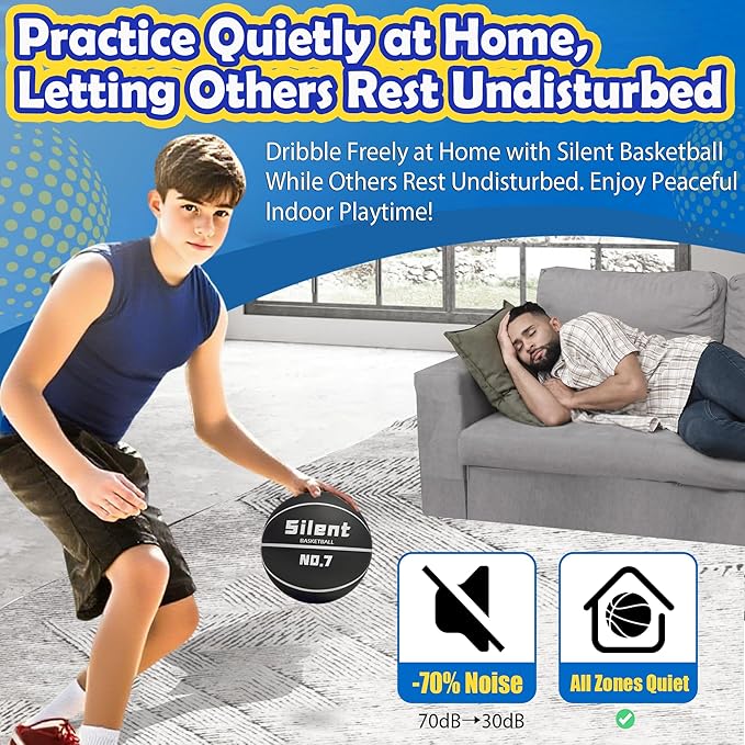 2025 Upgraded Silent Basketball Size 7 - Indoor Noiseless Airless Foam Basketball, Quiet Dribble Dream Training Ball with Soft Soundless Bounce-Pink