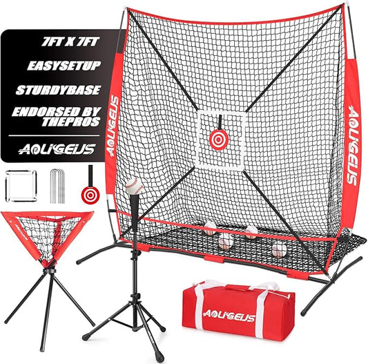 6'X6' Baseball Softball Practice Net with Batting Tee and Ball Caddy, Bonus Strike Zone Target and Bow Frame, for Hitting, Pitching, Catching